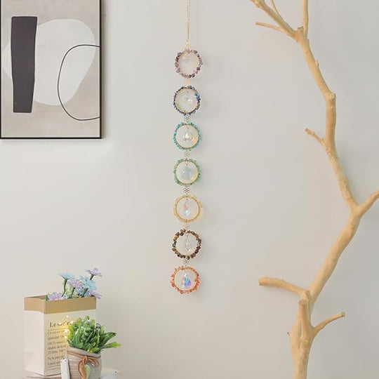 Crystal Sun Catcher Window Hanging 7 Chakra Spheres Gemstone Decor Hanging Ornament Natural Gem Wall Hangings Healing Crystal Decor Handmade Home Window Car Decoration Gift for Mom