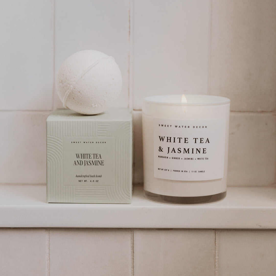 White Tea and Jasmine Soy Candle - White Jar - 11 oz
