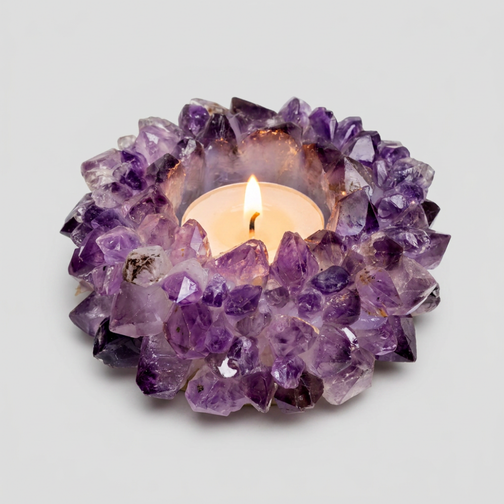 Amethyst Crown Point Tea Light Candle Holder with Felt Bottom (1 Piece) Size 7 Inches Crystal Home Decor
