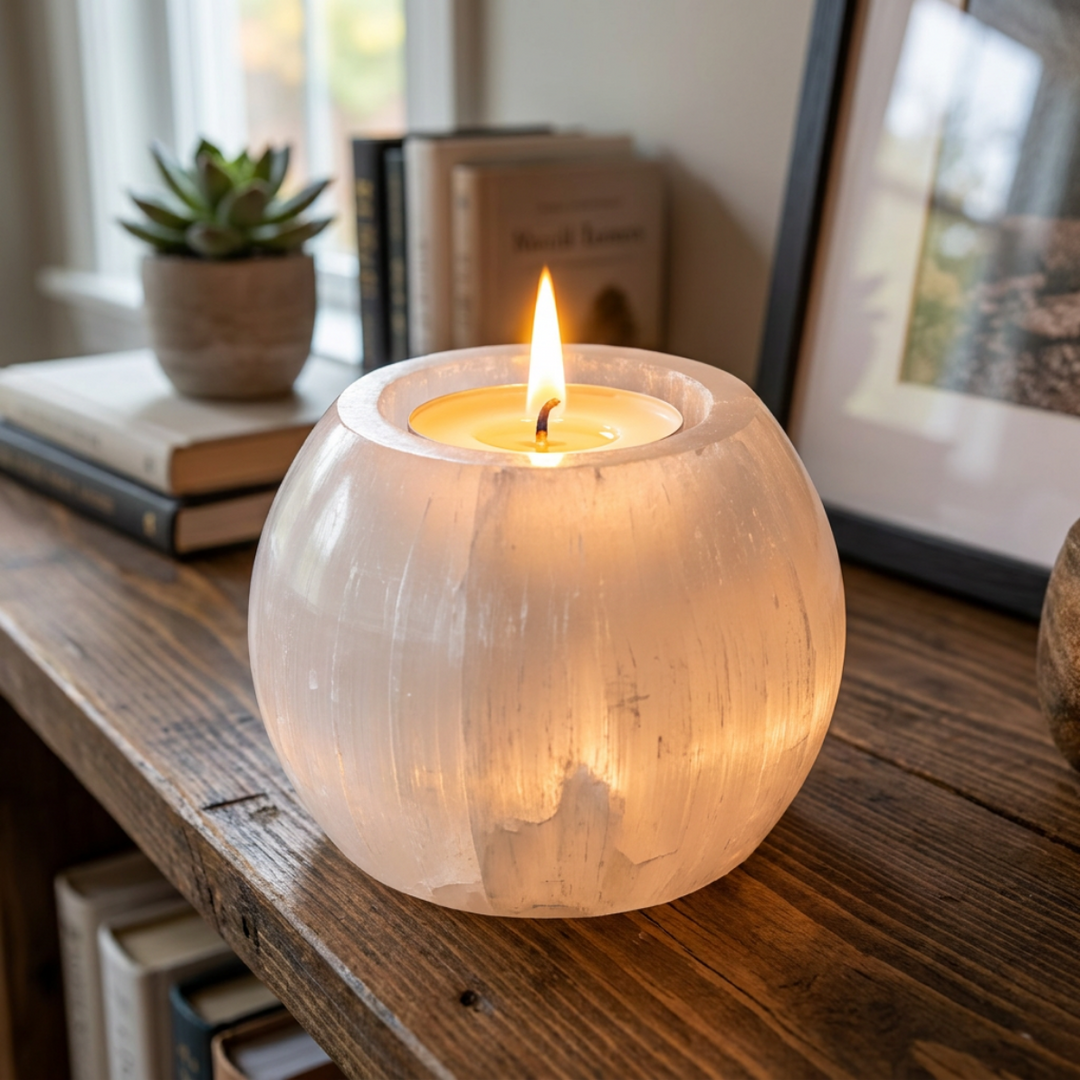 Selenite Round Tea Light Candle Holder
